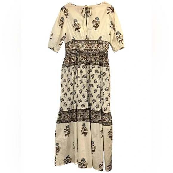 Hannah Camilla Ellipse Cotton Blockprint Puff Sleeve Tie Neck Maxi Dress - Picture 3 of 5